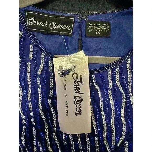 Vintage Jewel Queen Size 1X Blue Sequin Pure Silk Short Sleeve Evening Blouse - Picture 3 of 5